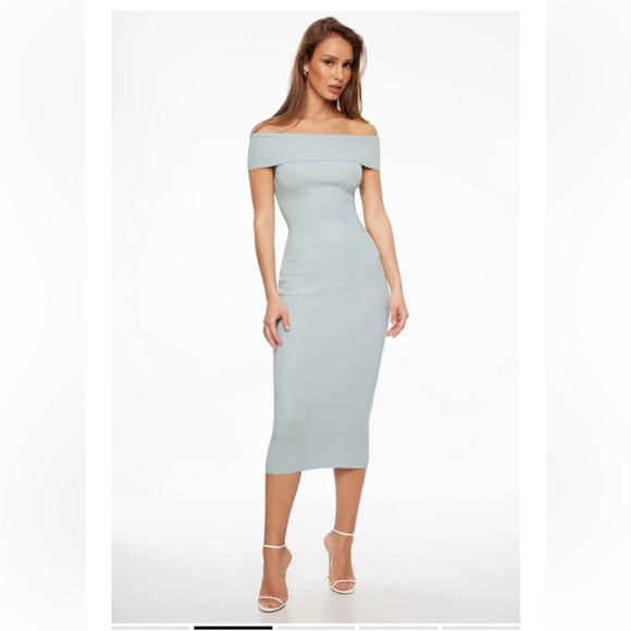 Dynamite Foldover Off Shoulder Midi Dress, Blue - Picture 2 of 3